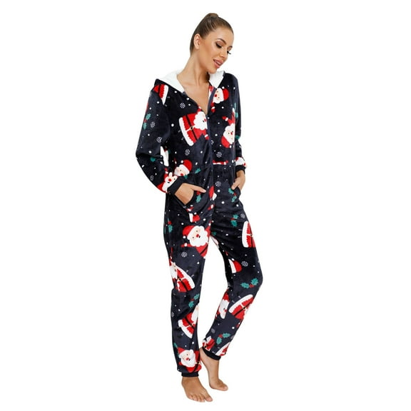 Women Christmas Outfit Soft Women's Hooded Jumpsuit Christmas Themed Wear Cozy Pajama Romper Nightwear Outfit Blue 2XL