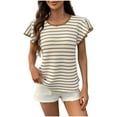 thumbnail image 2 of Ayolanni Women Blouses on Clearance Khaki Flutter Short Sleeve Striped T-Shirts Ladies Tops and Blouses XL, 2 of 9
