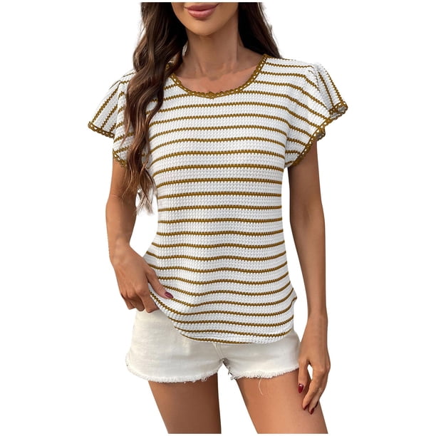 Tops de Cuello Redondo para las Mujeres, Rayas de Encaje Hoja Patchwork Suéter de Manga Corta para Uso Casero de Moda
