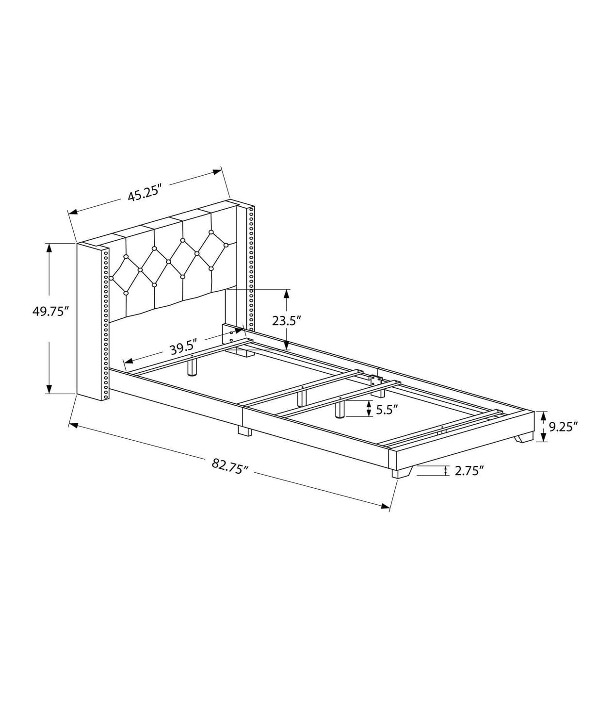 Monarch Specialties Bed, Twin Size, Platform, Teen, Frame, Upholstered, Velvet, Wood Legs, Grey, Transitional