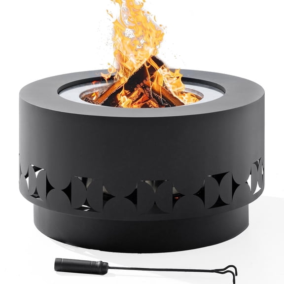 Sunjoy 28 Inch Extra Tall Round Smokeless Fire Pit with Removable Ash Pan, Portable Wood Burning Outdoor Fireplace with PVC Weather Cover & Fire Poker, Ideal for Patio, Camping & Backyard, Grey