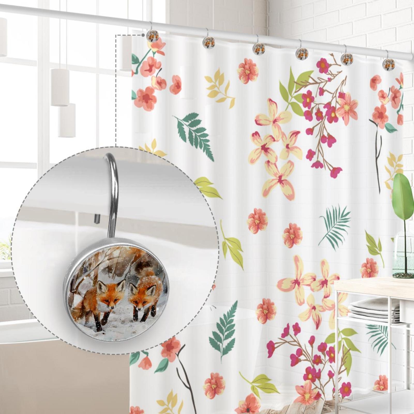 Watercolor Snow Running Foxes Shower Curtain Hooks Round Crystal Glass, Set of 12 Shower Curtain Rings - Shower Hooks for Curtain Shower Rings