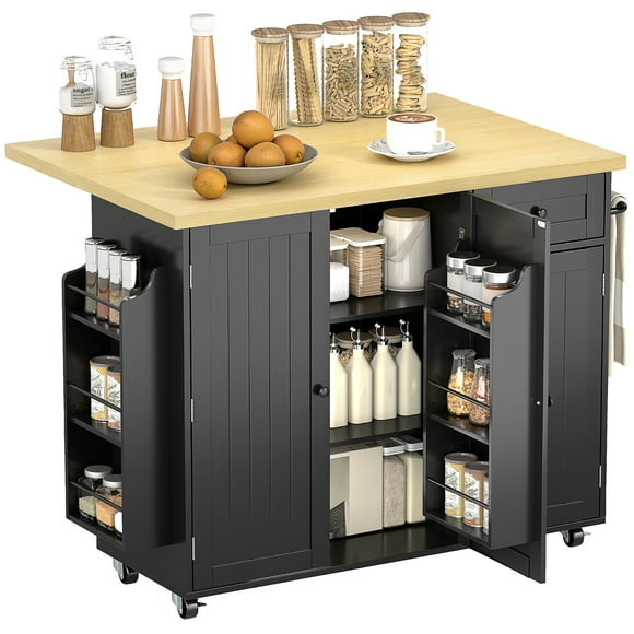 HOMCOM Kitchen Island with Drop Leaf Kitchen Cart with Pantry Cabinet Black