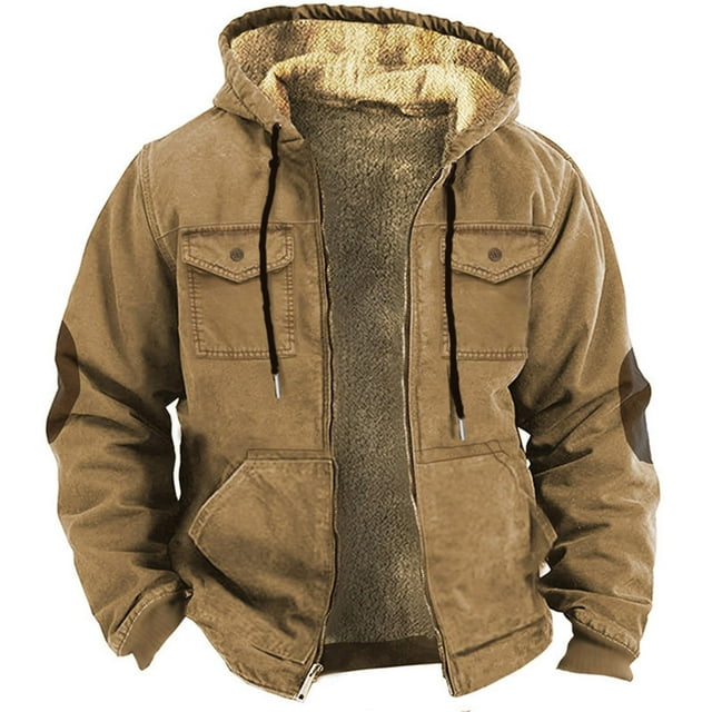 Men's Winter Hooded Jacket Long Sleeve Padded Coat Warm Outdoor Pockets Plus Size Sweatshirt Comfortable Casual Clothes
