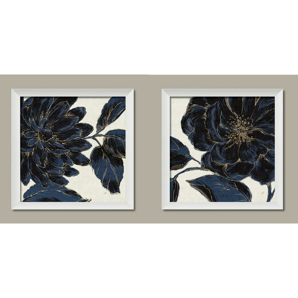 Stunning Navy Blue And Gold Flower Print Set By Daphne Brissonnet Fl Decor Two 12x12in White Framed Prints Ready To Hang Com - Blue And White Wall Art Prints