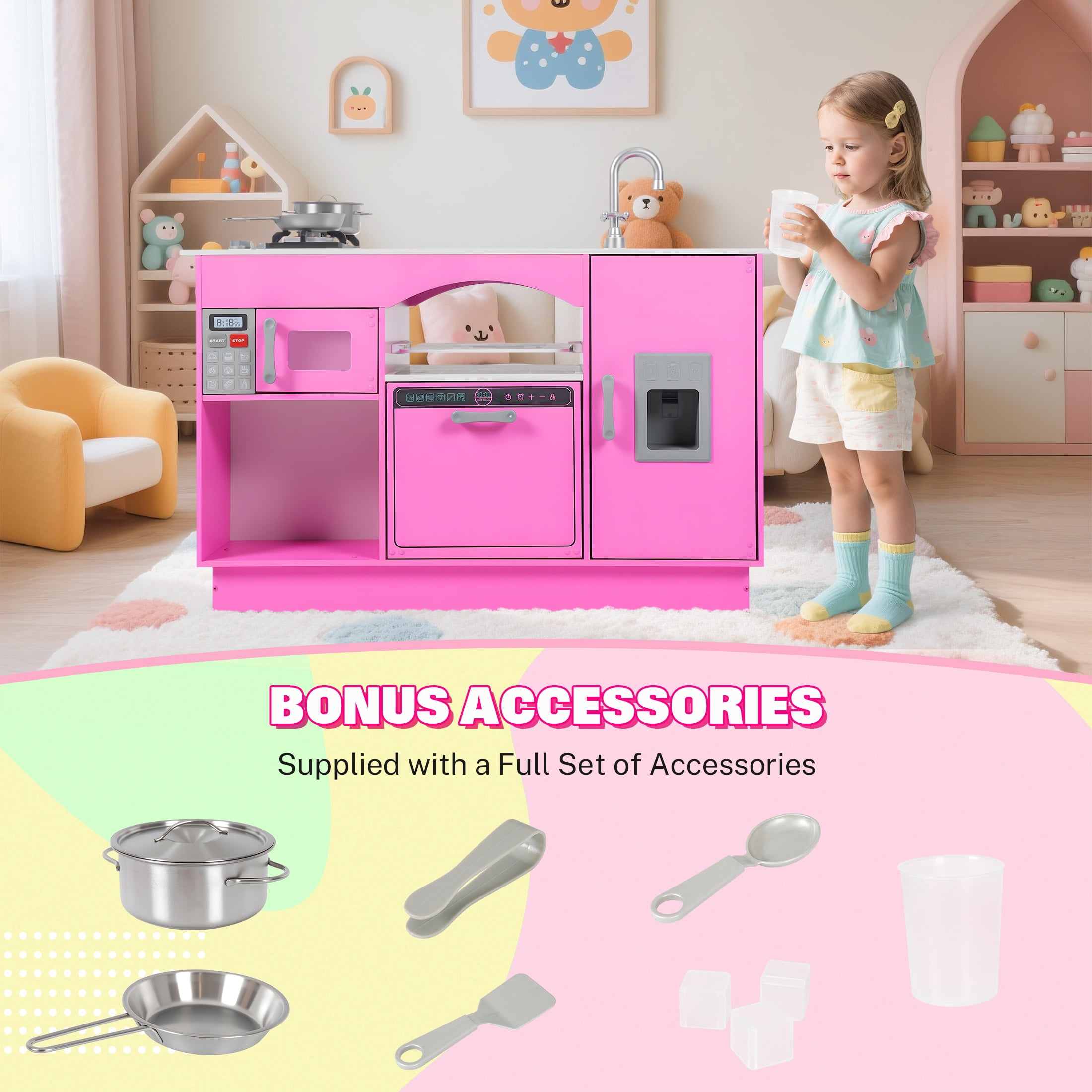 iYofe Play Kitchen Sets for Kids Ages 2+, Wood Kids Kitchen Playset for Toddlers with Real Lights & Sounds, Pretend Play Toys Kitchen with Cookware Accessories, Pink