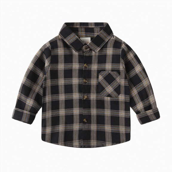 JUMEYU Toddler Button Down Shirt Boy's Flannel Plaid Shirt Long Sleeve Button Down Shirt Lapel Shacket Fall Fashion Jacket 1T 2T (Black,1-2 Years)