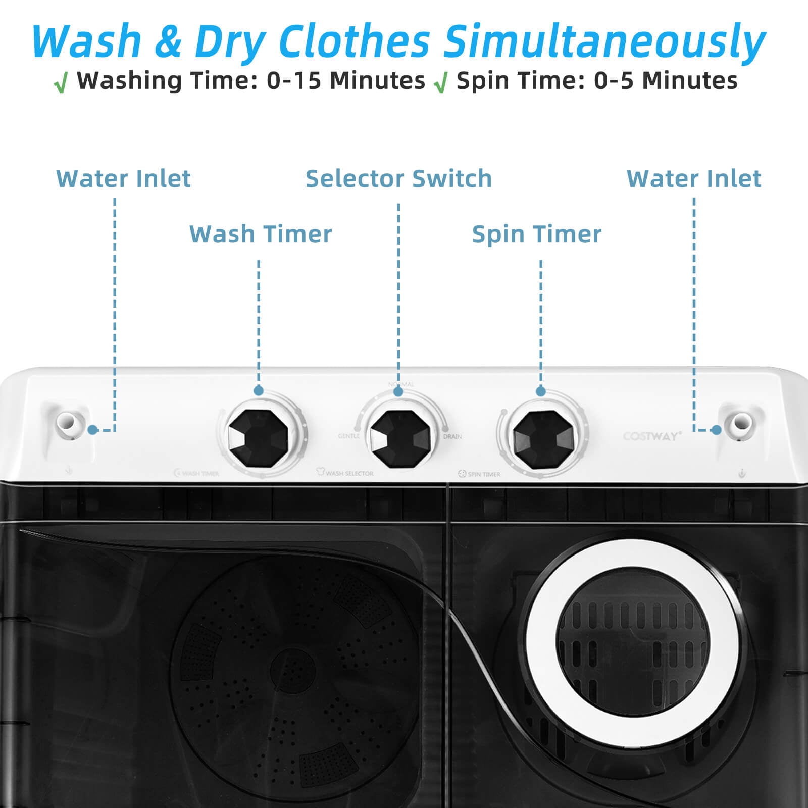 Costway 26lbs Portable Semi-automatic Twin Tub Washing Machine with Drain Pump Black