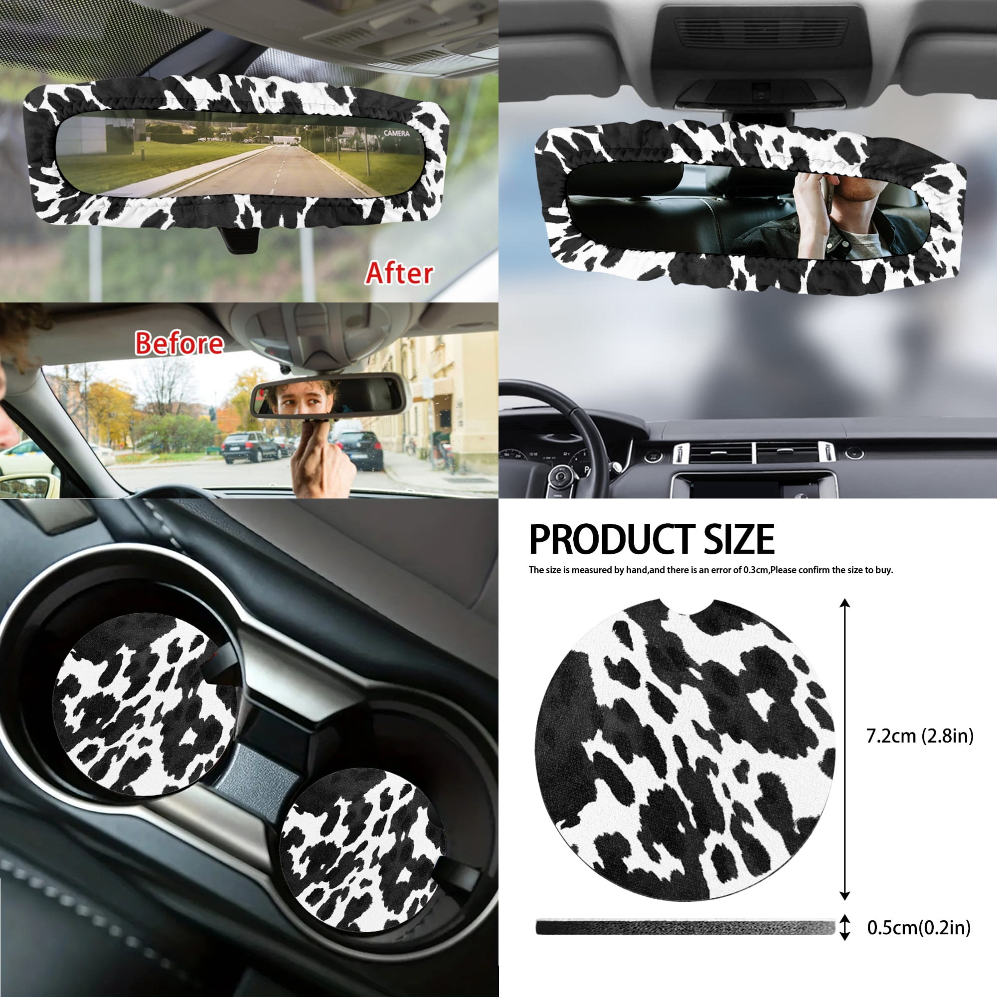 Renewold Black White Cow Print Car Seat Cover Full Set 14 PCS, with Steering Wheel Cover Seat Belt Pad Garbage Bin Armrest Pad Rearview Mirror Handbrake Cover Set Coaster Fit Most Vehicles