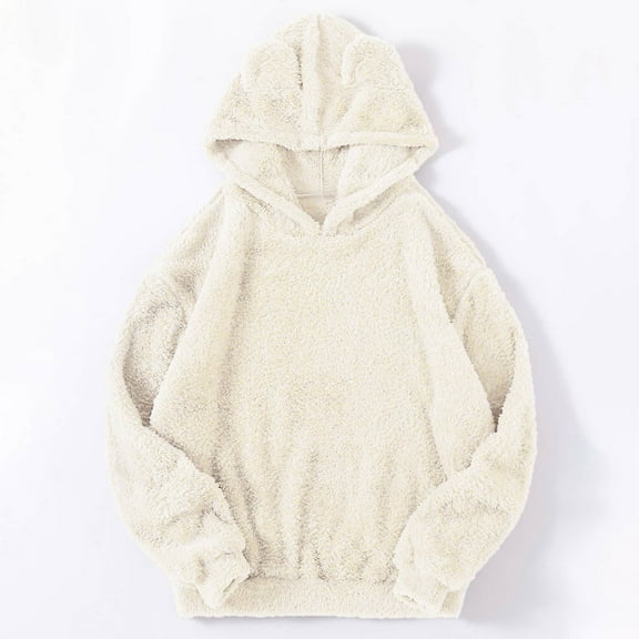 2025 Charella Women's Fuzzy Hoodies Sport Pullover Cozy Fleece Oversized Sweatshirt White,XL