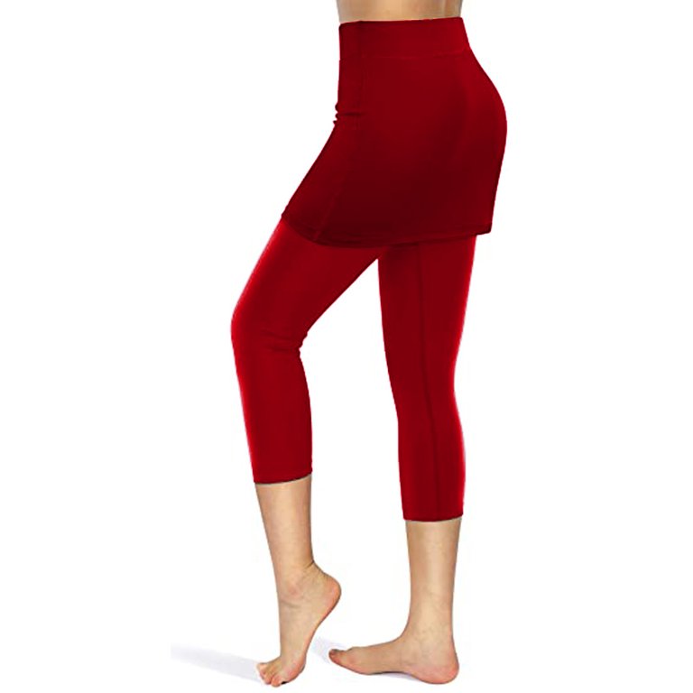 Women Tennis Skirted Leggings Pockets Elastic Sports Yoga Capris