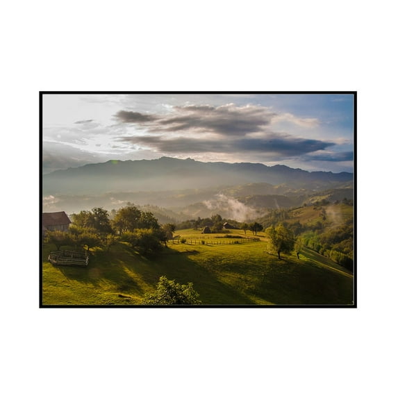Farms on Hillside - Mountain Morning Mist - Lantern Press Photography (36x24 Framed Gallery Wrapped Stretched Canvas)