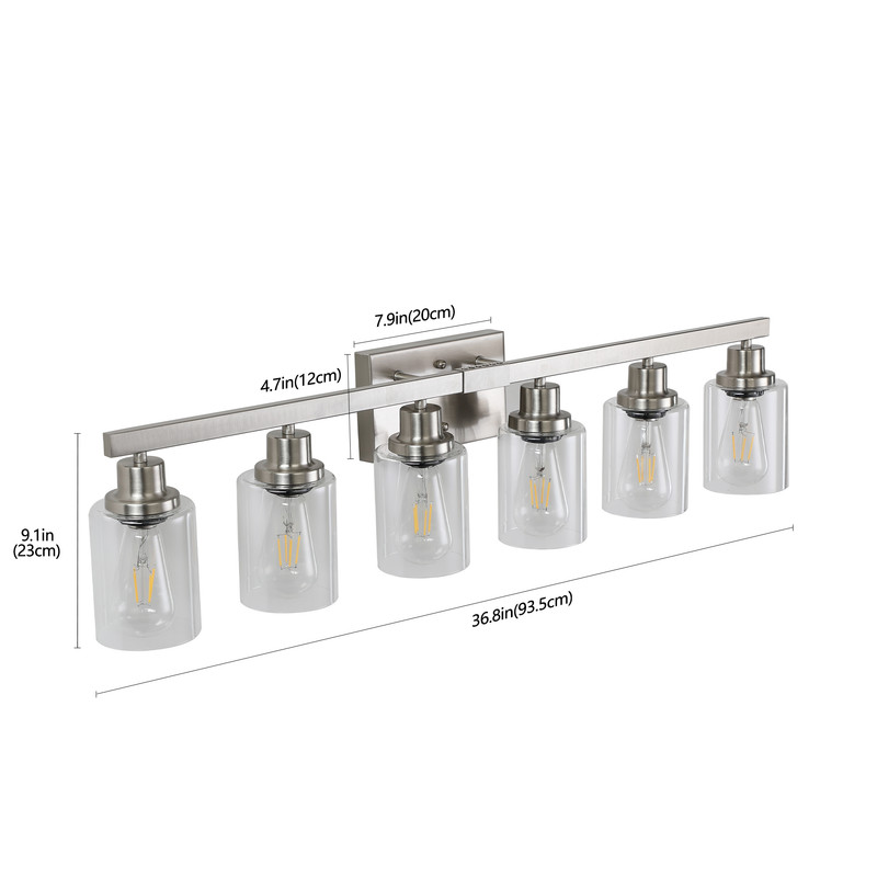 37" Modern 6-Light Bathroom Vanity Light Fixture, Brushed Nickel Finish with Clear Glass Shades, Wall Mounted Lighting for Bathroom, Mirror, Vanity (Bulbs Not Included)