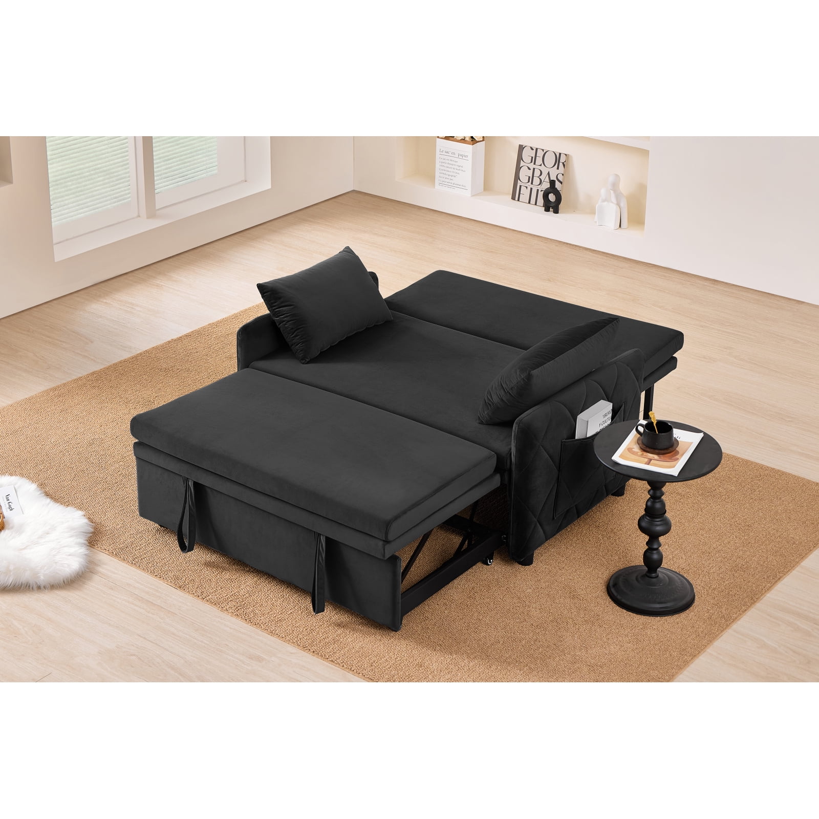 Leumius 3 in 1 Convertible Sleeper Sofa Bed, Modern Convertible Sofa Bed with 5-Position Adjustable Backrest,Velvet Pull Out Couch with Pull Out Bed for Living Room Furniture,Black