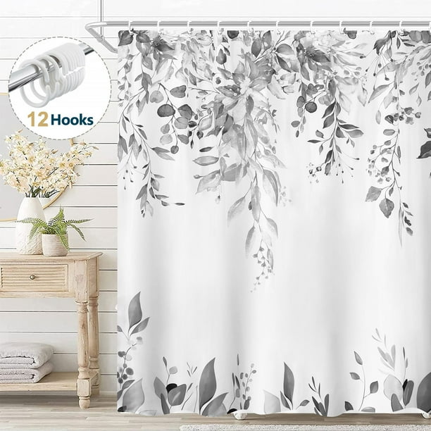 Cortina de Ducha Gris Dznils con Estampado Floral de Eucalipto, Acuarela, 72" x 72"