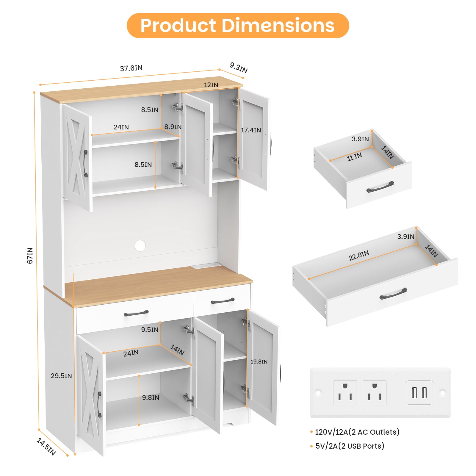 67" Tall Kitchen Pantry Cabinet with Charging Station, Farmhouse Hutch with Microwave Stand & Drawers for Dining Room & Living Room Storage，White