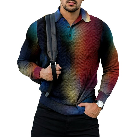Frontwalk Mens Casual Polo Shirt Geometric Print Buttons T Shirts Lapel Neck Long Sleeve Pullover Tops Tee Style D 2XL