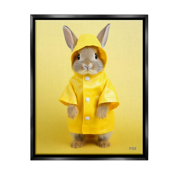 Stupell Industries Rabbit in Rain Coat Animals & Insects Painting Black Floater Framed Canvas Art Print Wall Art, 17 x 21