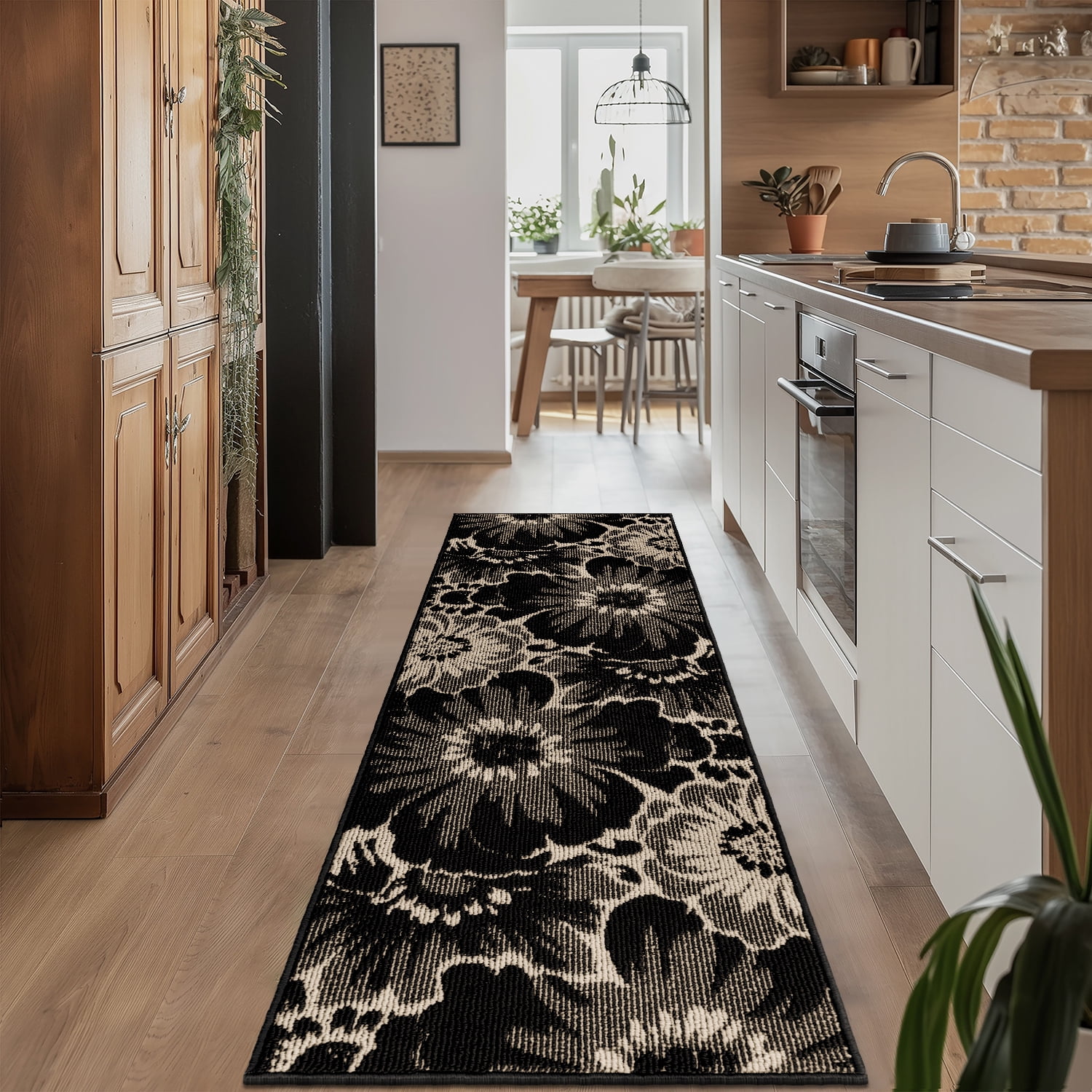 Findosom Runner Rug for Hallway 2x6 ft,Non-slip Machine Washable Runners Flower Floor Mats Low Pile Carpet Rug Runner with Rubber Backing for Entryway Doormat Bathroom Kitchen Laundry Room,Black