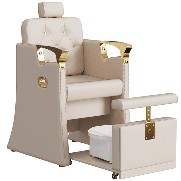 KIGOTY Reclining Pedicure Chair No Plumbing, Pedicure Station with Foot Bath & Hidden Platform, Adjustable Nail Salon Chair for Manicure Pedicure，Gray-Gold