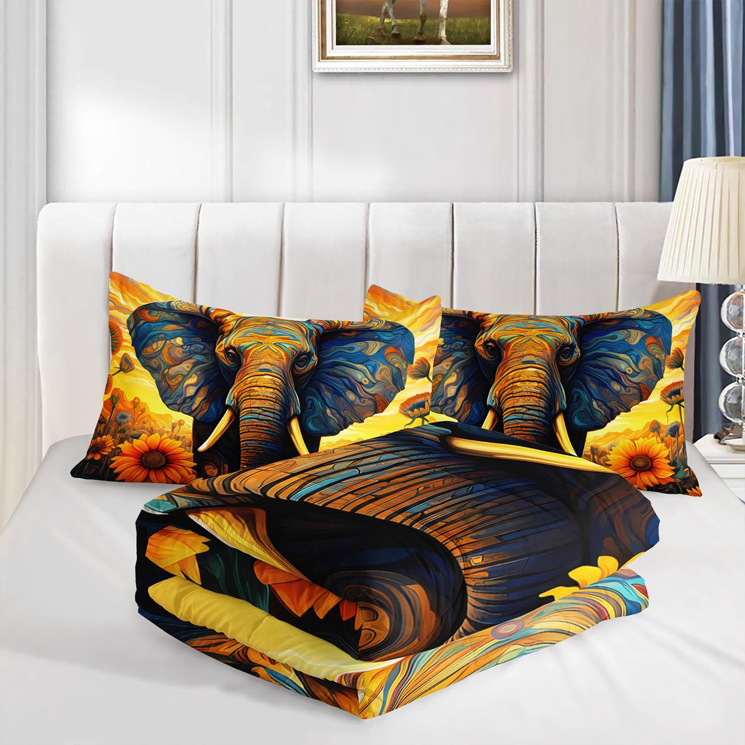 3pcs Artistic Elephant Comforter Set, Vibrant African Wildlife Bedding Set for Bedroom or Guest Room Decor, All Seasons Quilt Machine Washable Duvet with 2 Pillowcases