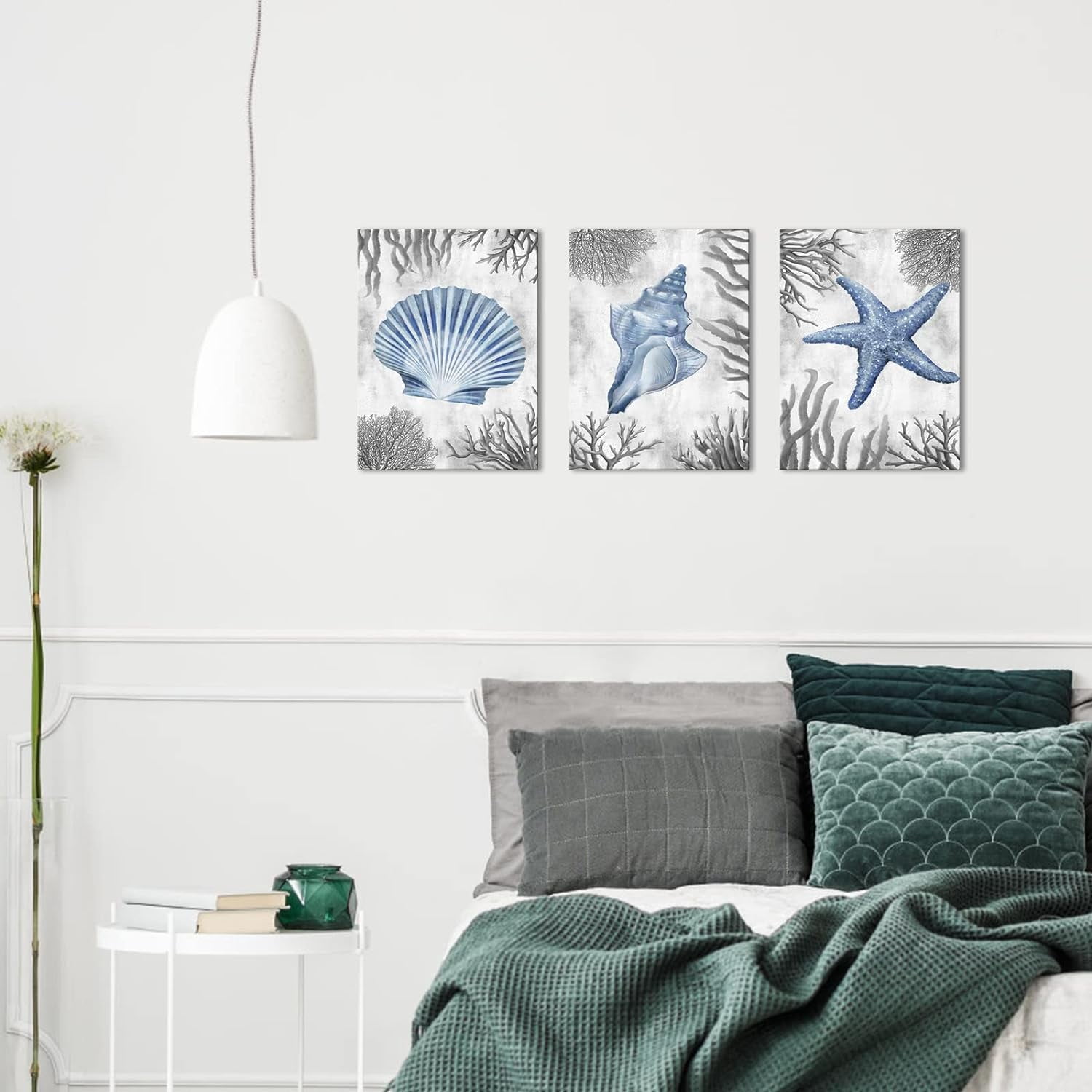 Kalormore Sea Coastal Style Canvas Wall Art Blue and Grey Starfish Shell Conch Coral Picture Prints Gallery Canvas Wrapped on Premium Wood Frame Ready to Hang for Living Room Bedroom Bathroom