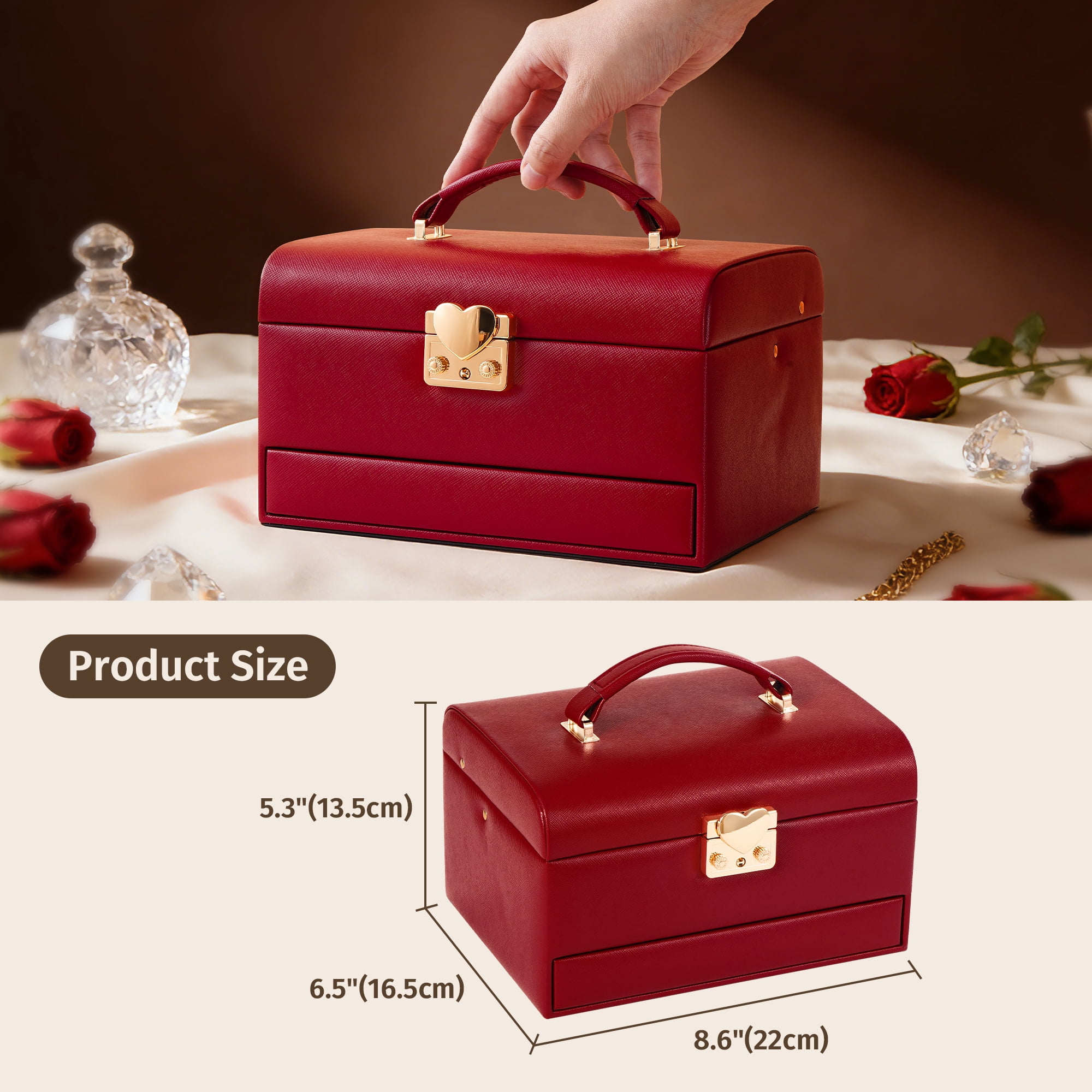 Casegrace Heart Shaped Lock Jewelry Box With Sync Open/Close Drawer, Multi-Layer Storage Case, Built-in Mirror, Portable Jewelry Organizer for Women Rings, Earrings, Necklaces, Valentine’s Day Gift
