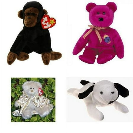 Assorted Ty Beanie Baby 4 Pack Bundle: Ty Beanie Baby - Congo The Gorilla 1996 Retired, Ty Millennium the Bear Beanie, Ty Attic Treasures Gwyndolyn - Bear, Spot the Dog