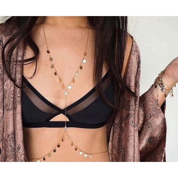 Curio Jewelry Breast Body Chain Necklace in 925 Sterling Silver Plain Coin Chain Summer Jewelry Bikini Jewelry Delicate Chain Bralette Coin Drop Jewelry