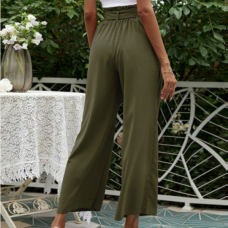 SELONE Wide Leg Pants for Women Plus Size High Waist High Rise Wide Leg  Trendy Casual with Belted Long Pant Solid Color High-waist Loose Pants for