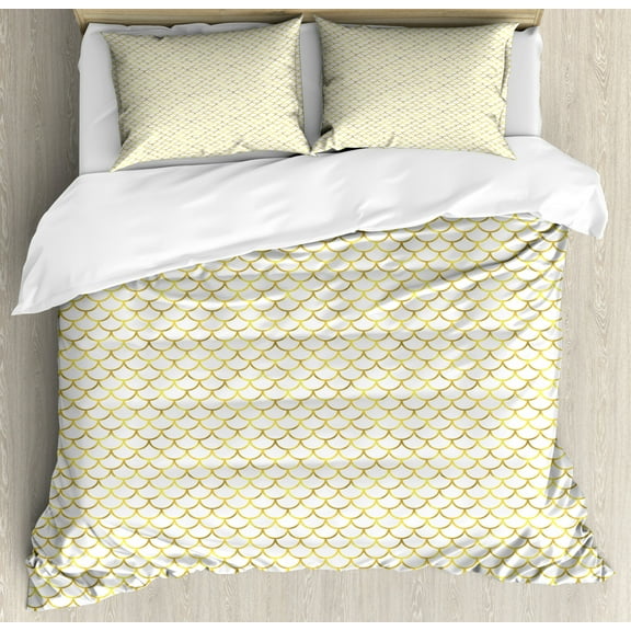 Fish Scale King Size Duvet Cover Set, Simplistic Contemporary Style Japanese Waves with Ombre Color Details, Decorative 3 Piece Bedding Set with 2 Pillow Shams, Yellow and White, by Ambesonne