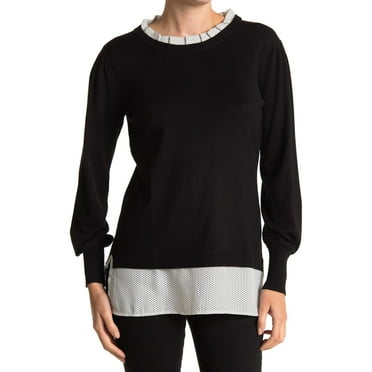 Adrianna Papell BLACK/IVORY MINI DOT Women's Twofer Ruffle Neck Sweater, L