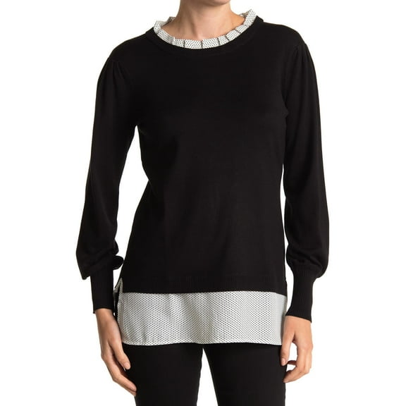 Adrianna Papell BLACK/IVORY MINI DOT Women's Twofer Ruffle Neck Sweater, M
