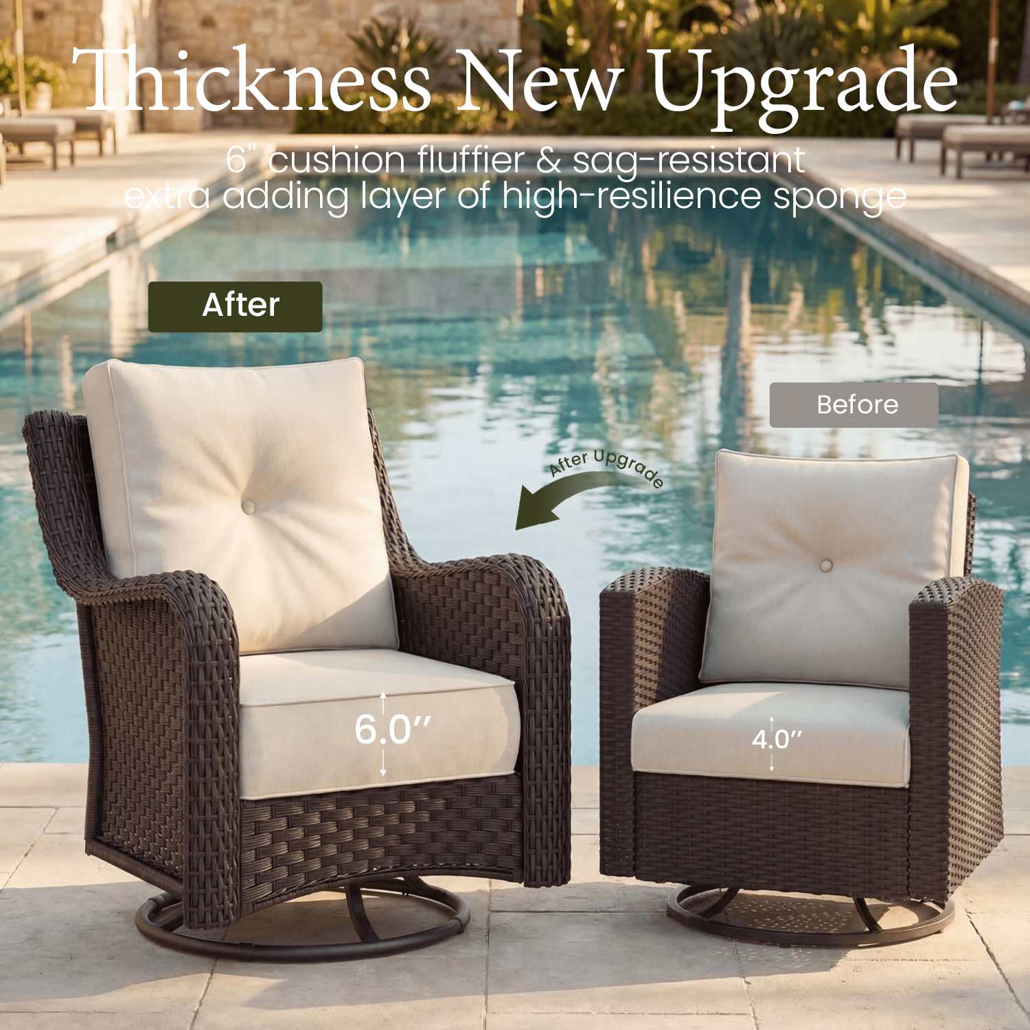 LayinSun 3 Piece Wicker Outdoor Furniture Set with 6-inch Comfy Cushions, High Back Patio Furniture Set with Rattan Armchairs and Side Table
