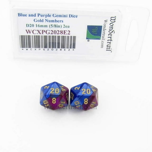 Blue and Purple Gemini Dice with Gold Numbers D20 Aprox 16mm (5/8in) Pack of 2