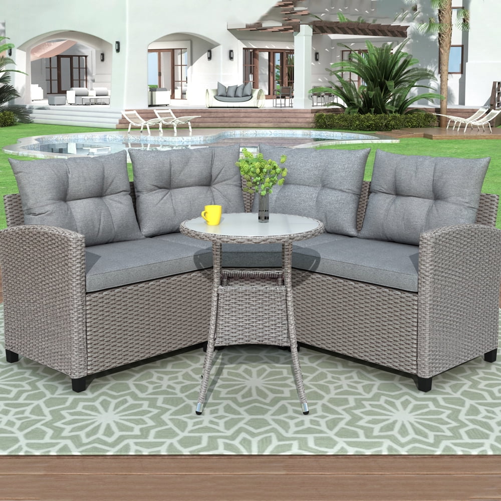 Gray Wicker Patio Furniture Set, Half Round Outdoor Couch