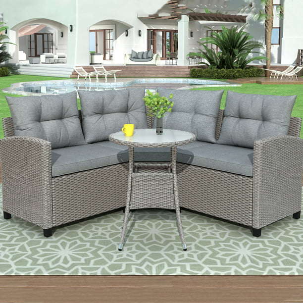 Piece Gray Wicker Patio Furniture Set, Semi Circle Patio Furniture Cushions