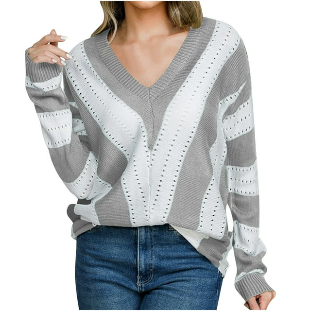 Yuyuzo Womens Sweaters V Neck Long Sleeve Stripes Ribble Knit Pullover Tops Eyelet Hole Thermal Warm Sweater