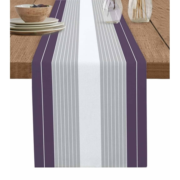 Purple Grey Stripe Table Runner 70 Inches, Modern Art Horizontal Striped Bed Runner Dresser Scarves Tabletop for Indoor Outdoor Parties/Ceremony/Banquet, 13" x 70"