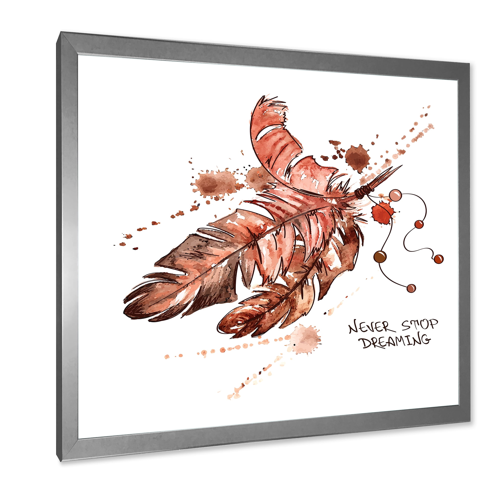 Designart 'Bird Feathers In Earth Tones Never Stop Dreaming' Bohemian & Eclectic Framed Art Print