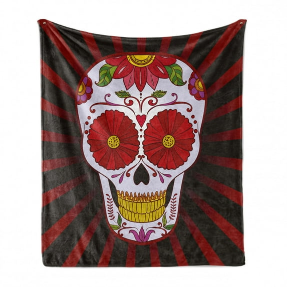 Sugar Skull Soft Flannel Fleece Blanket, Catrina Inspired Art of Skull Dead Head with Ornate Flowers Remembrance Theme, Cozy Plush for Indoor and Outdoor Use, 50" x 70", Multicolor, by Ambesonne