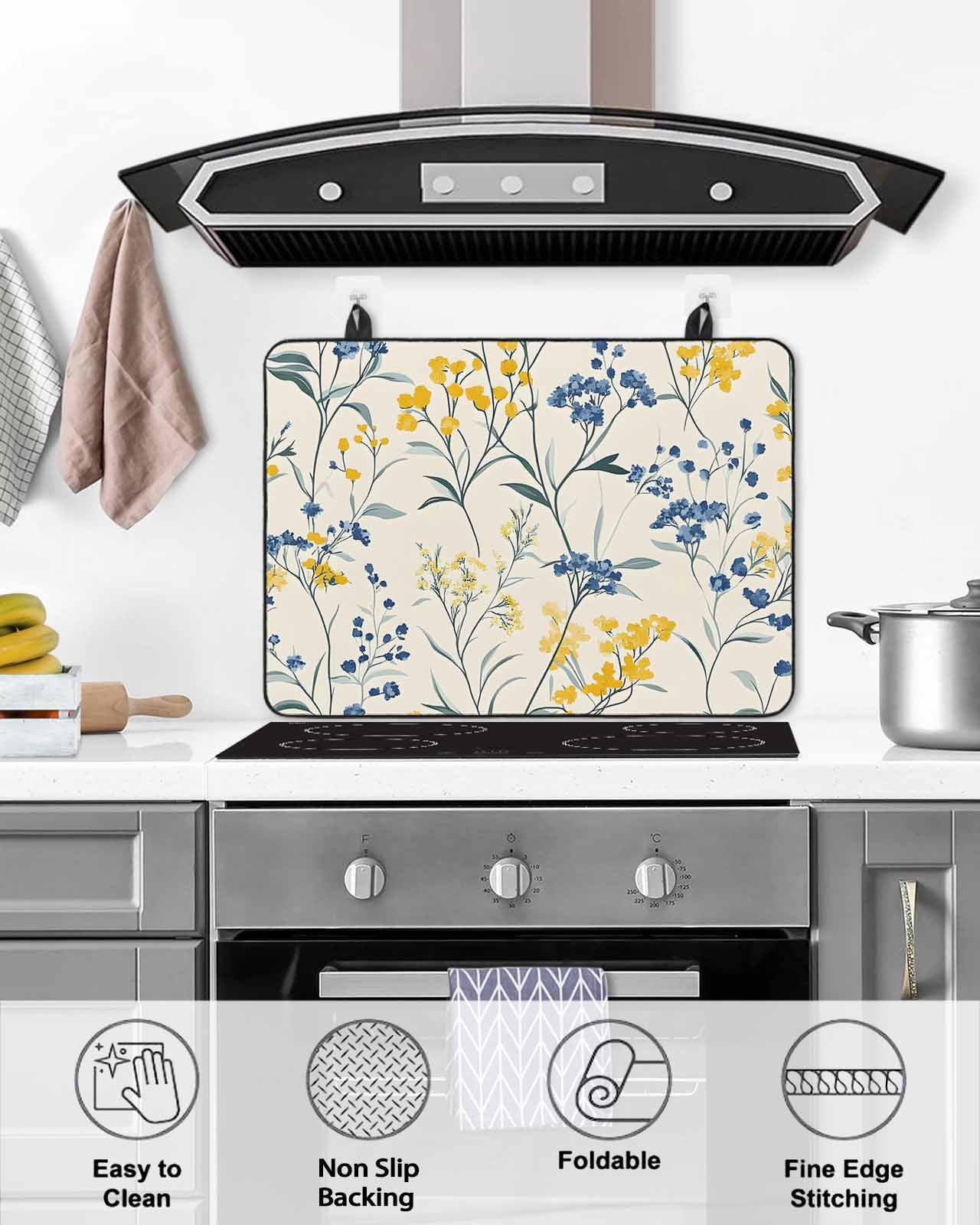 nqOlkjepod Large Induction Cooktop Protector Mat 24"x21", Yellow Blue Flowers Stove Top Covers for Electric Stove, Watercolor Botanical Floral Plants Stove Burner Cover Mats, Glass Top Stove Cover