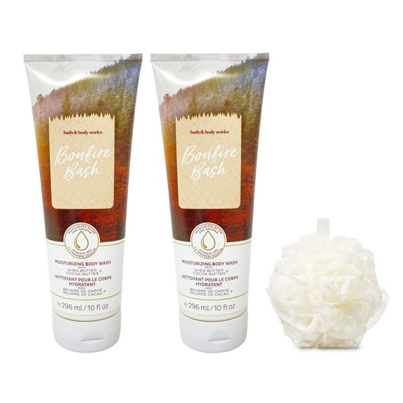 Bath and Body Works 2 Pack Bonfire Bash Moisturizing Body Wash Set with a Shower Sponge - 10 fl oz / 296 mL each
