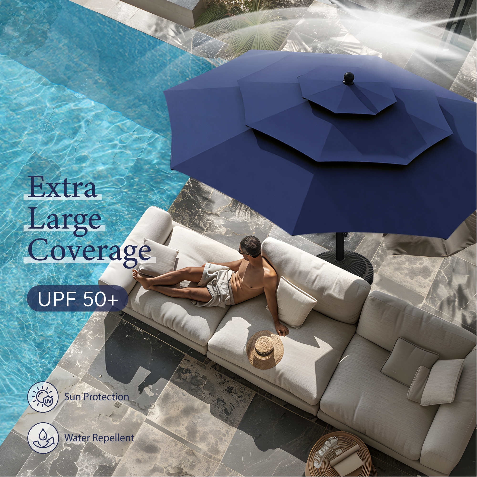 SUMMIT LIVING 10ft Patio Umbrella 3-Tier Vented Outdoor Market Table Umbrella with Auto-Tilt – Navy Blue