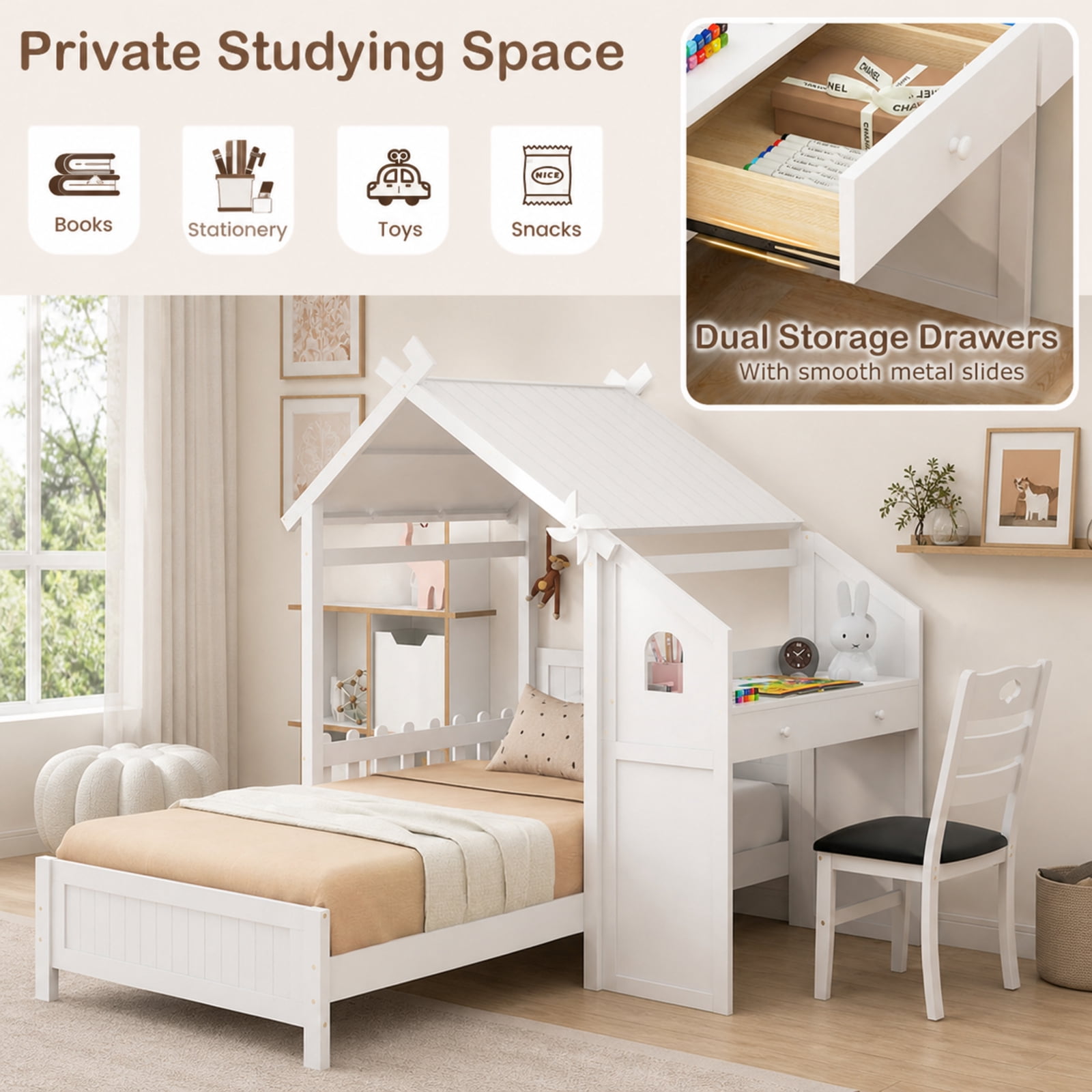 Furnibear White Twin House Bed with Built in Desk 2 Storage Drawers Ergonomic Study Chair Decorative Windmill High Headboard and Protective Fence for Nursery Bedroom