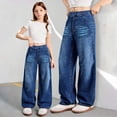 thumbnail image 4 of Girls Solid Denim Jeans Wide Leg High Waist Loose Fit Baggy Full Length Casual Streetwear Trousers for Teenagers Youth Kids Blue 10 Years-11 Years, 4 of 6