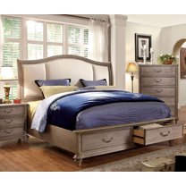 Transitional 1pc Queen Size Bed w Drawers Footboard Ivory Padded Fabric HB Bedroom Furniture Natural Tone
