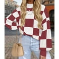 thumbnail image 5 of Women'S Fall Fashion Roll-Neck Long Sleeve Plaid Ribbed Knit Loose Pullover Sweater Tops Burgundy Checkered XL, 5 of 9