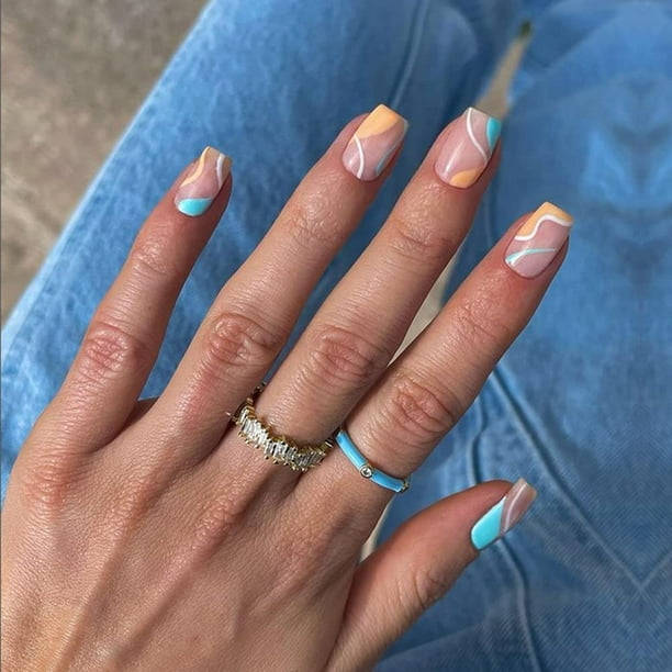 Glossy Nude Press On Nails Short Square Shape Thick Durable Coffin Nails With Green Orange Swirls Pattern in 12 Sizes Glossy Nude Press On Nails Short Square Shape Thick Durable Coffin Nails With Green Orange Swirls Pattern in 12 Sizes