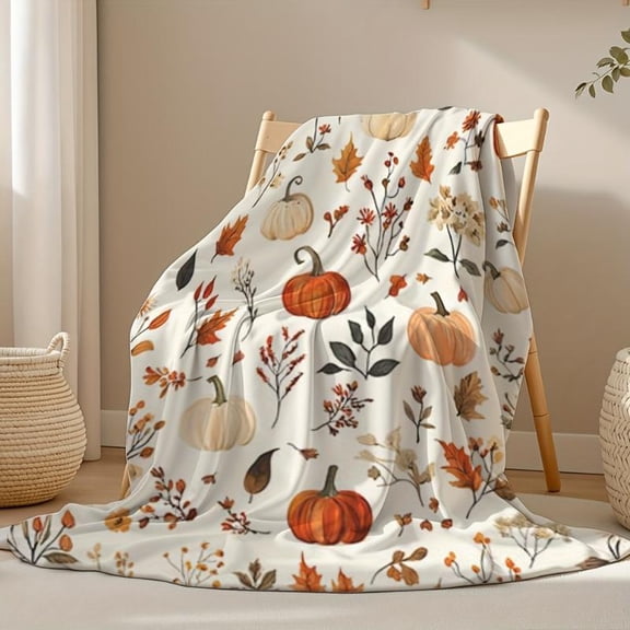 Cozy All-Season Flannel Throw Blanket - Pumpkin Leaf Floral Print in Orange Beige - Lightweight Warmth for Couch Bed Decor - Machine Washable Fleece - Thanksgiving Halloween Gift